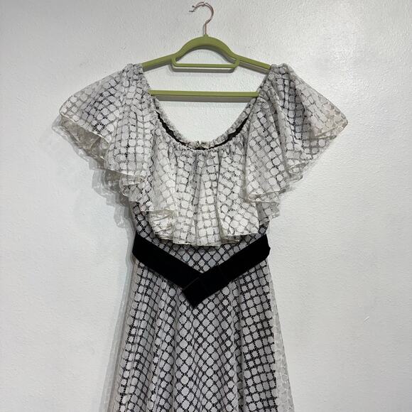 Les Wilk White Lace Ruffle Overlay Velvet Belted 70's Maxi Dress Sz M - Picture 3 of 11
